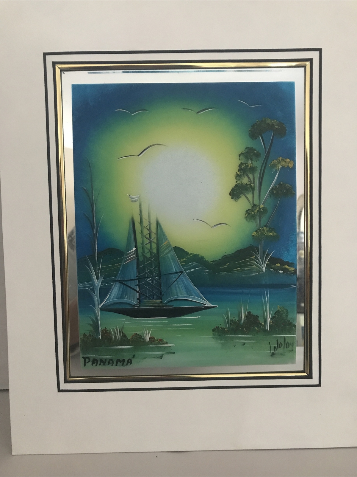 Panama Seascape Painting Sailboat Landscape Trees Birds Signed Matted 14×11”