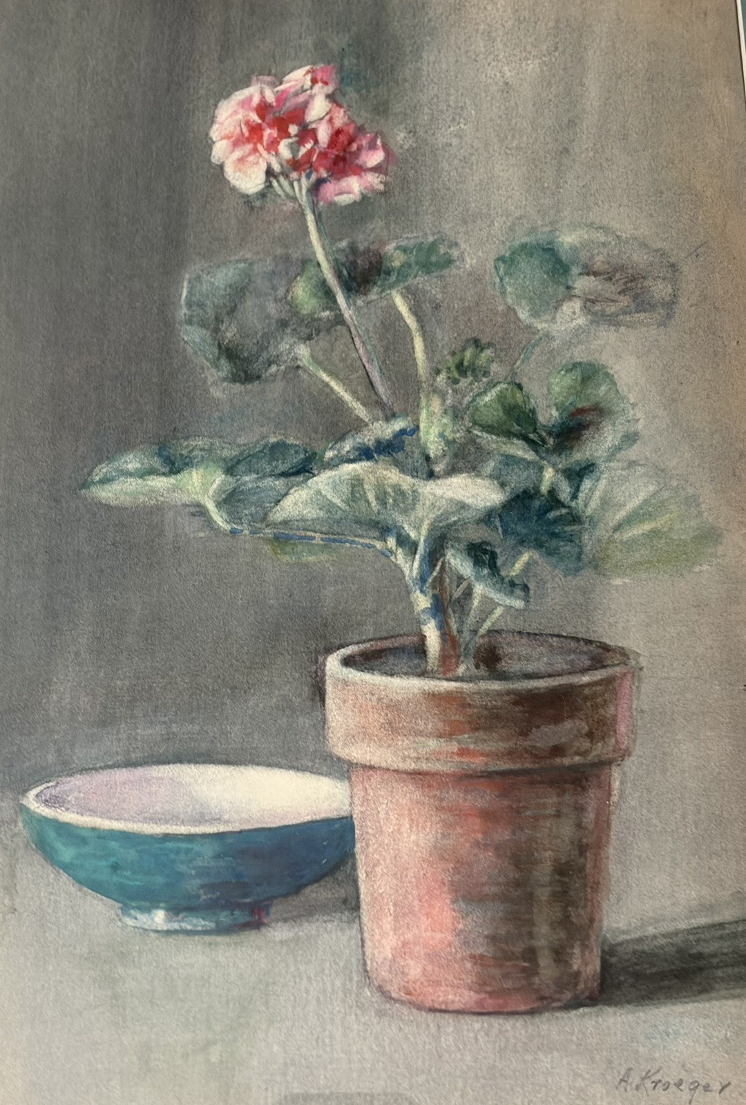 A. Kroeger (Born 1884 NJ): “Potted Geranium” Pastel, Signed Silver Framed Lovely