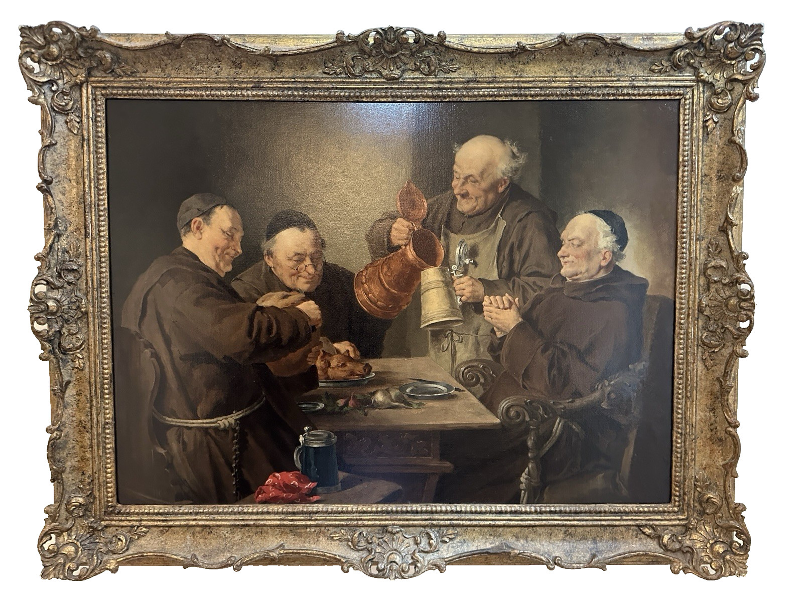 Monks at Table with Stein – Signed “E. Grutzner” – Oil on Wood Panel Painting