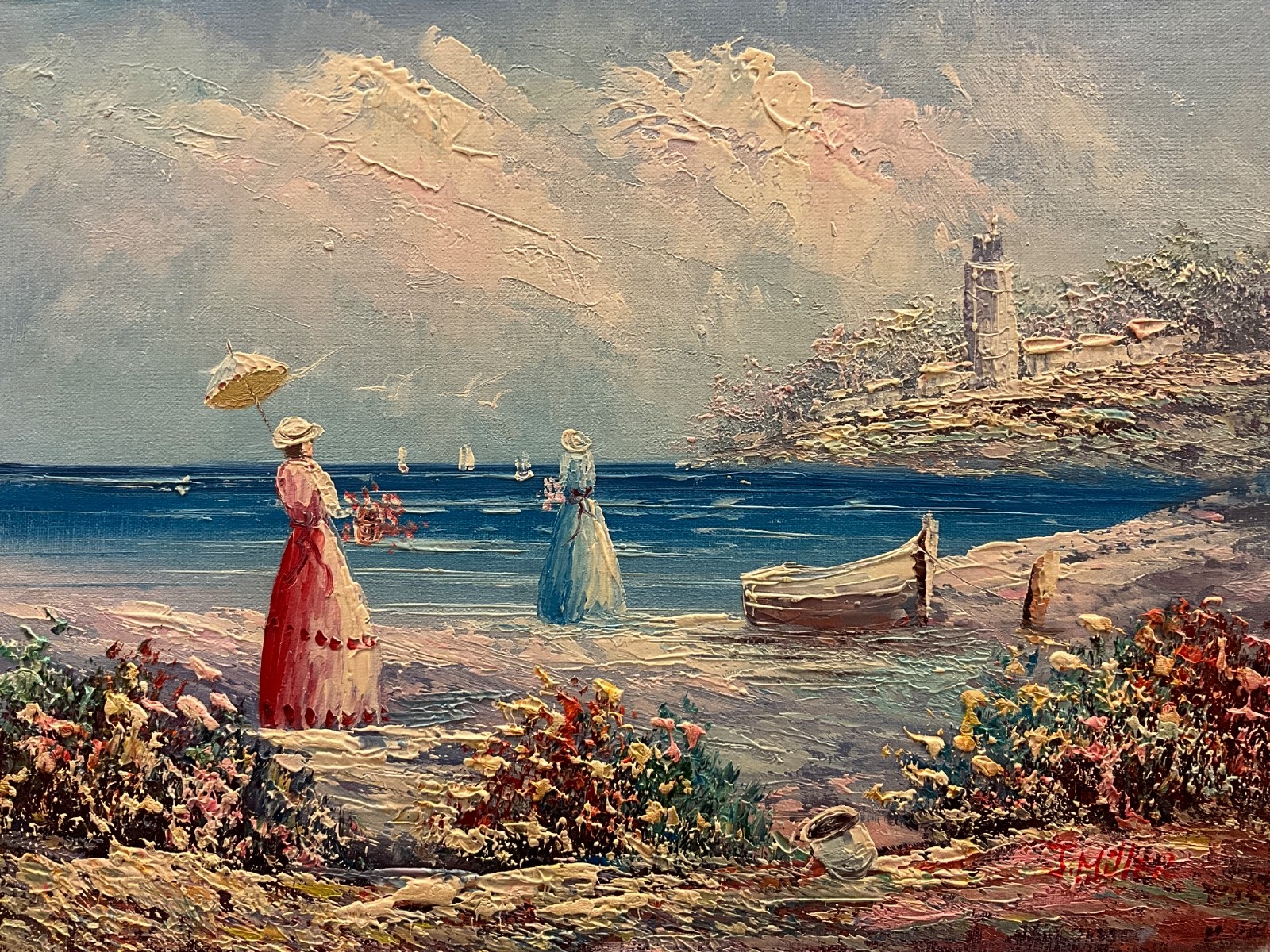 Oil Painting 12×16″ Impressionistic women standing on shore, looking at water