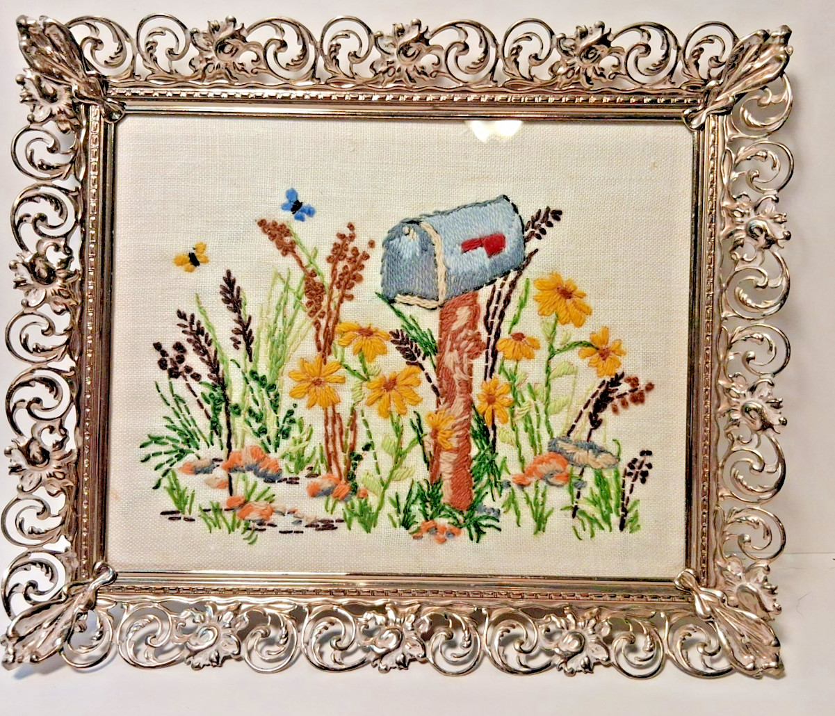 1970’s Wild Flowers Needlepoint in Golden Medal Frame Den, Office