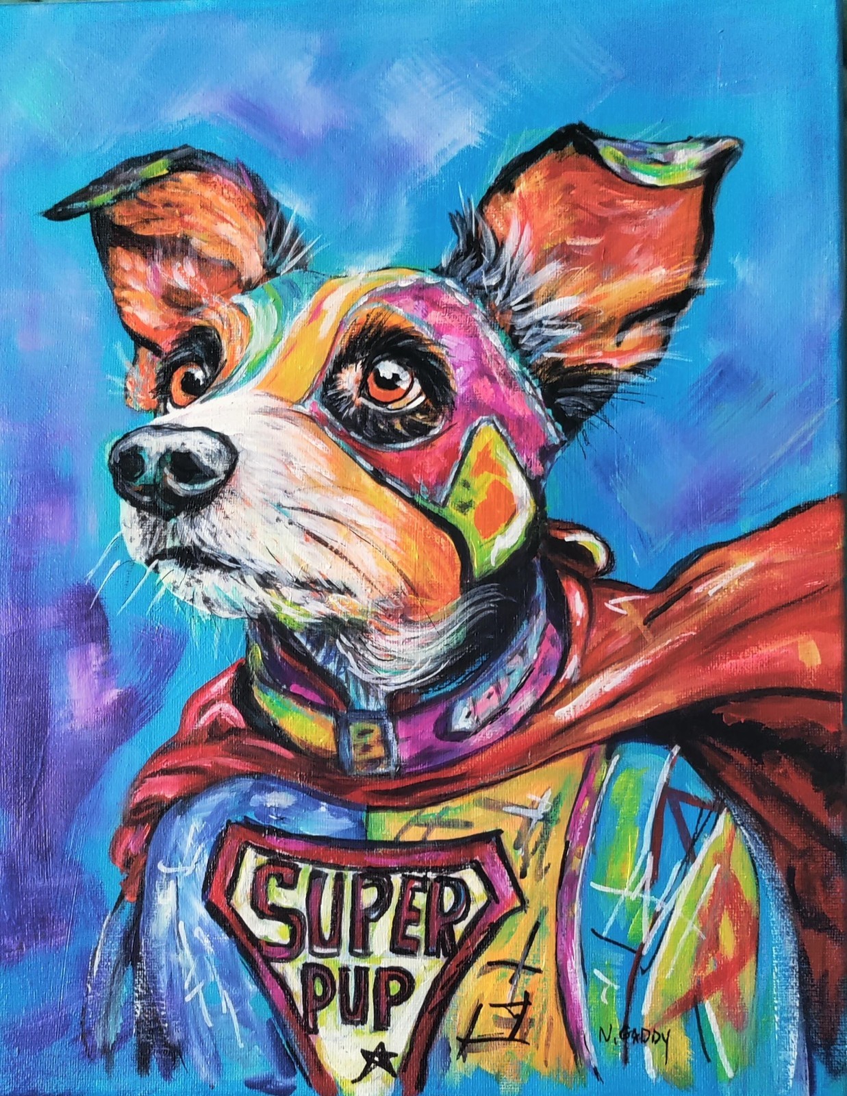Original Expressionist Colorful Super Hero Dog 14 x 11 Acrylic Painting