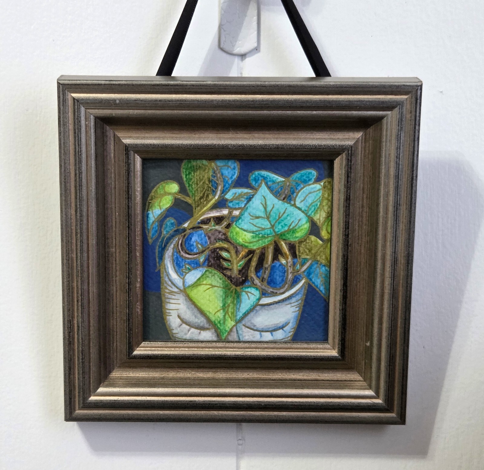 3.5×3.5 Framed Botanical Watercolor Illustration Blue Green Turquoise – Metallic