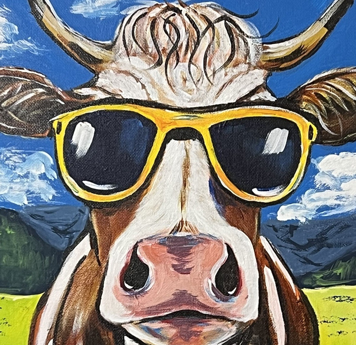 Whimsical Cow In Sunglasses Expressionist Art Acrylic 12×12” Canvas VLP Original