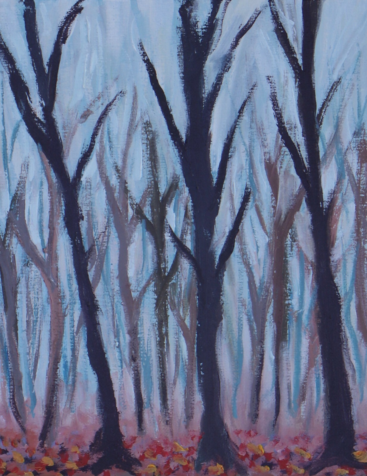 ShawNshawN Original painting – enchanted forest trees mystery foggy blue orange