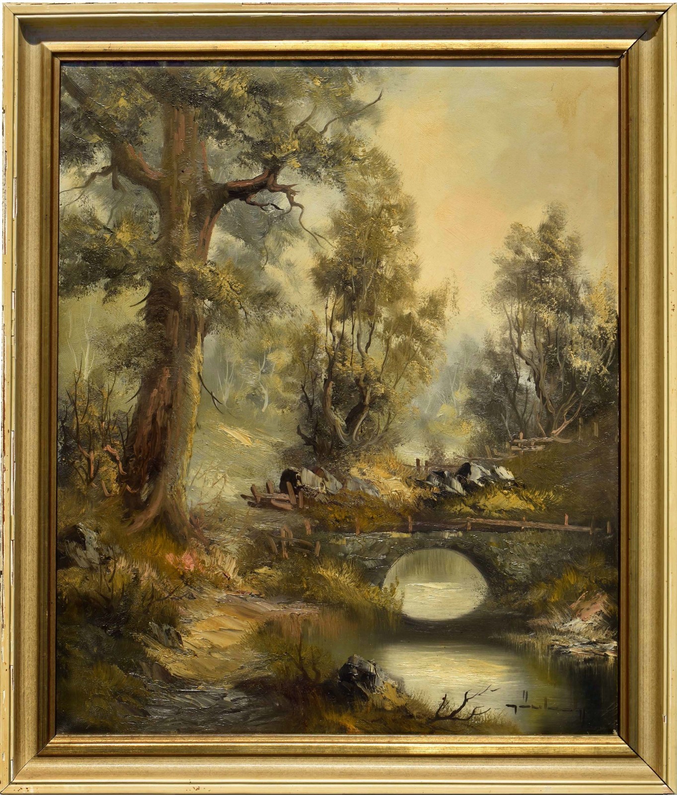 Vintage Original Landscape Painting – Stone Bridge – Signed – 23×27 – Impasto