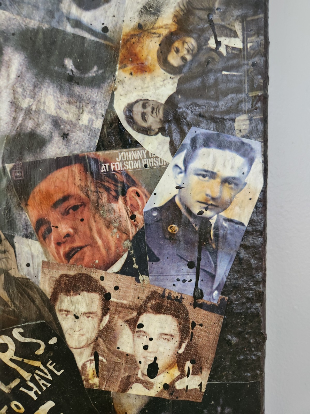 Large Johnny Cash Acrylic Canvas Collage Art. Heavily Textured & Burned! 16X20