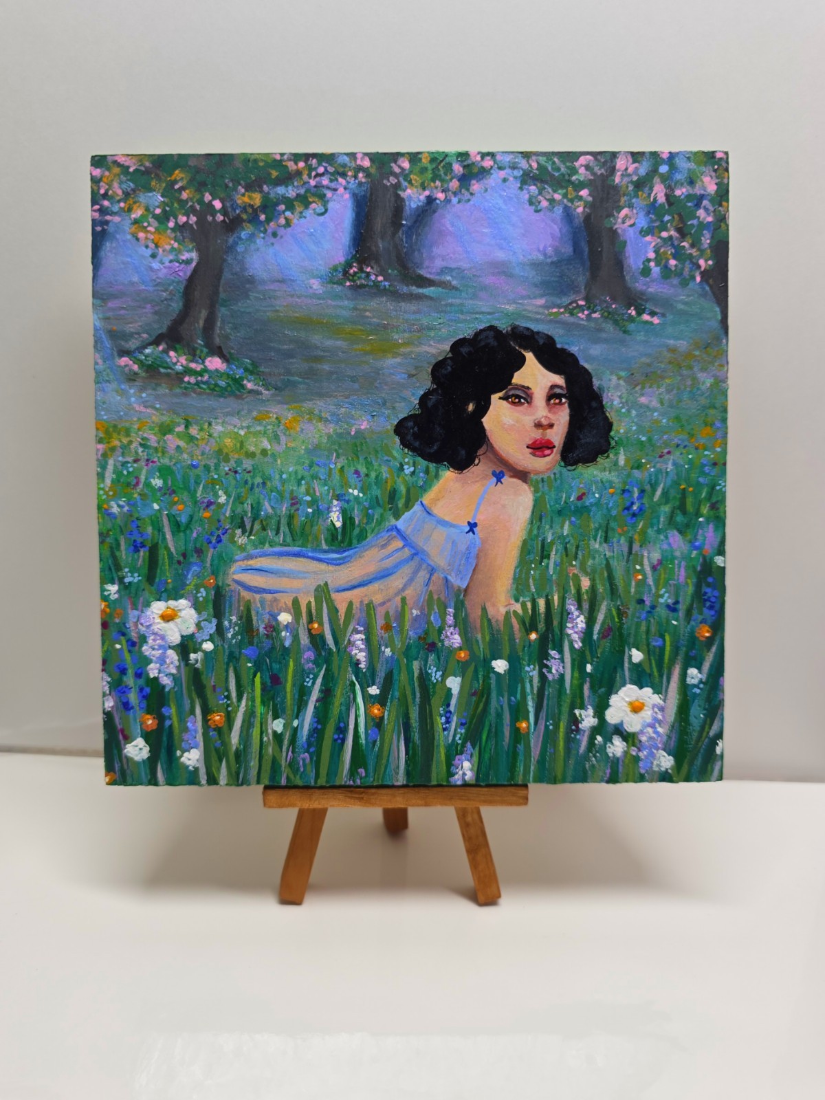 Original Painting 6×6 Fairy Garden Portrait Acrylic Gouache Wood Canvas Signed