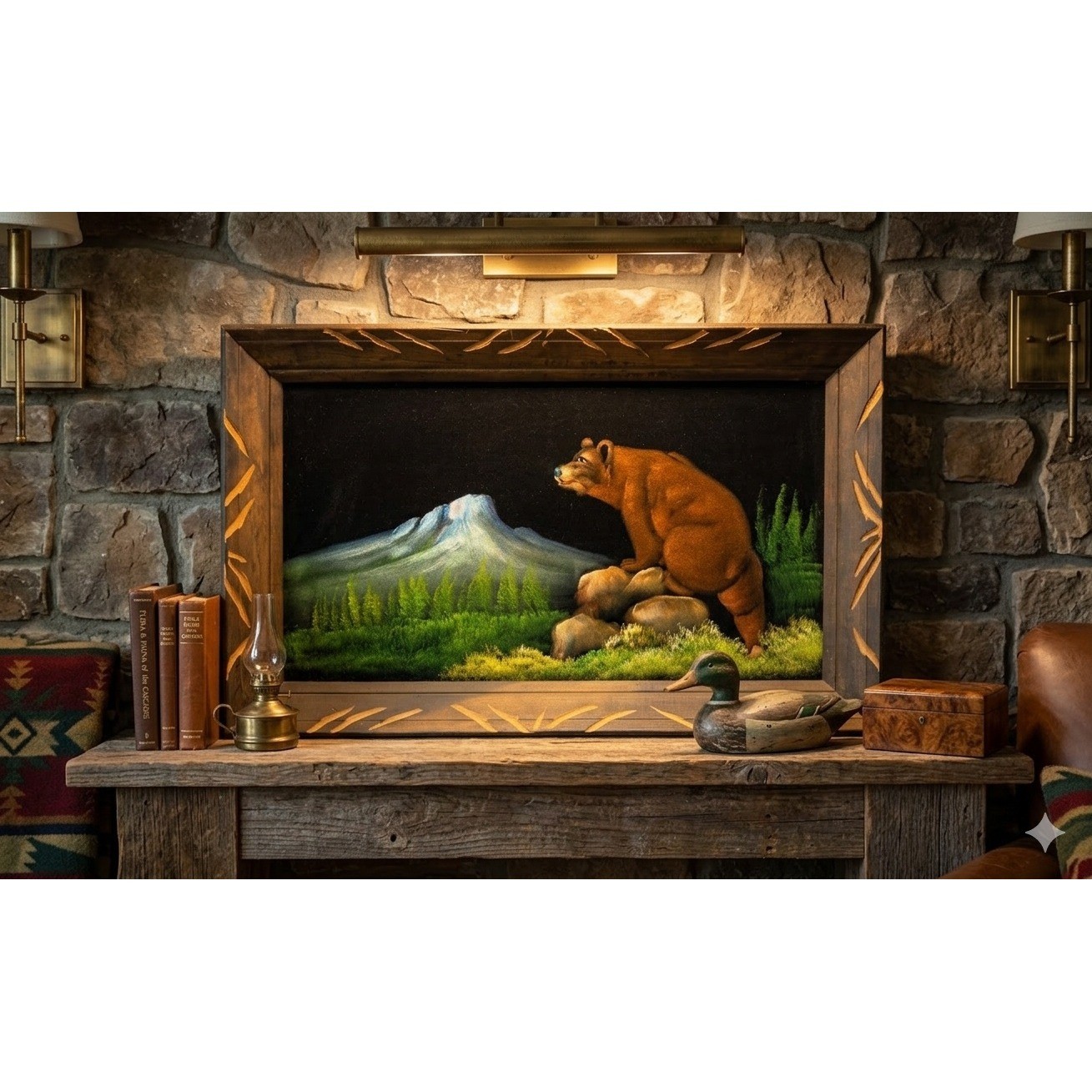 Vintage Black Velvet Bear Painting Mountain Landscape Carved Wood Frame