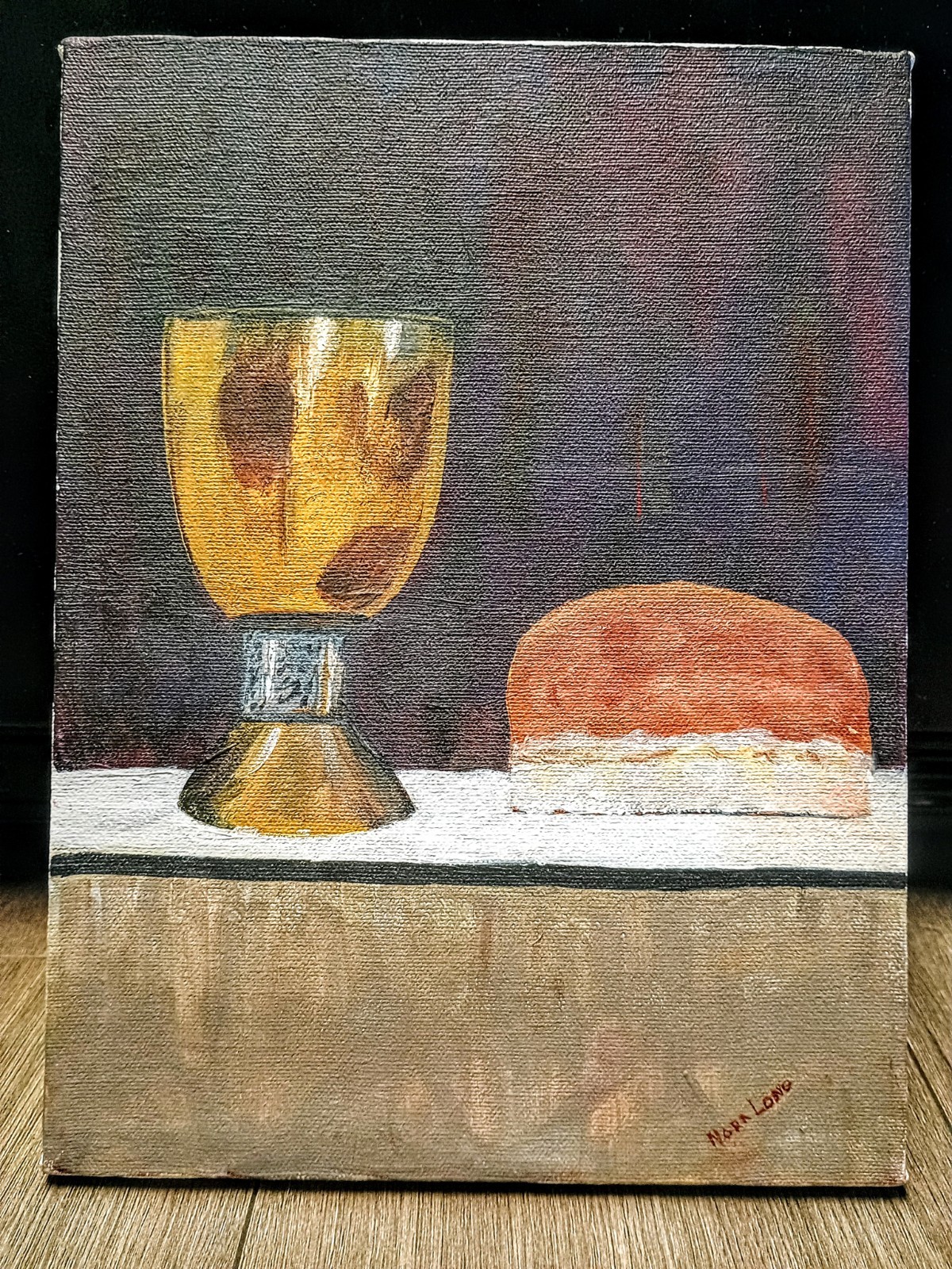 original painting still life realism bread cup wine communion 9×12 Nora Long