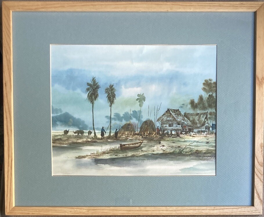 Original Thai Asian Watercolor Art Painitng Farmer Farm Landscape Sompong RT
