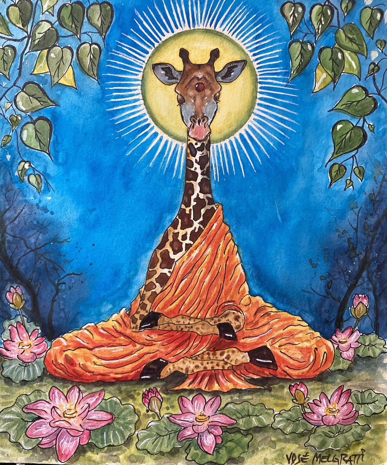 Original Painting in Watercolor & Ink»Giraffe Buddha 10” x 12″ NOT A PRINT