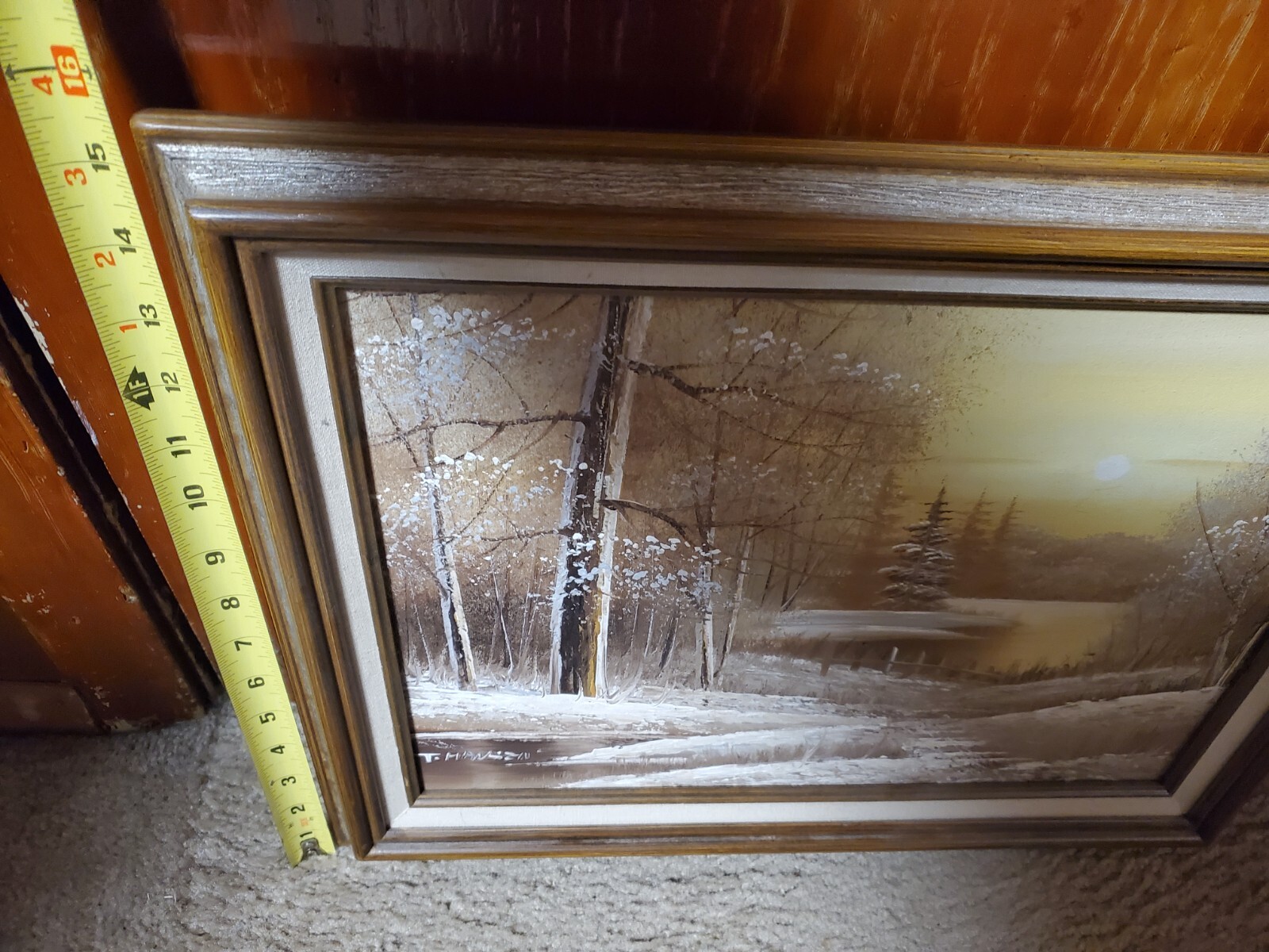 Winter Landscape Scene Hansen Wood Frame 19×15.5″ Tree Lake Snow Pine Forest Sun