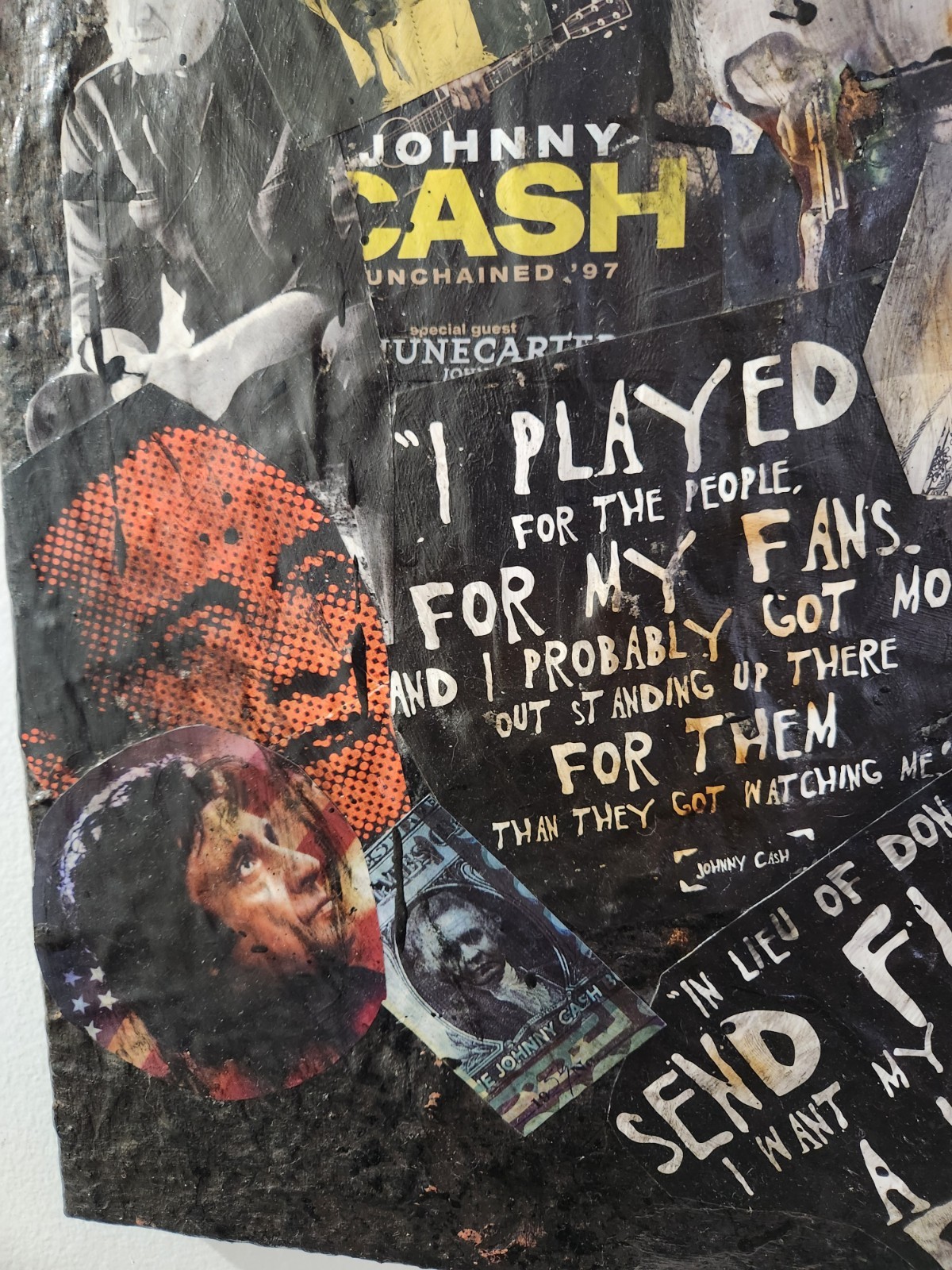 Large Johnny Cash Acrylic Canvas Collage Art. Heavily Textured & Burned! 16X20