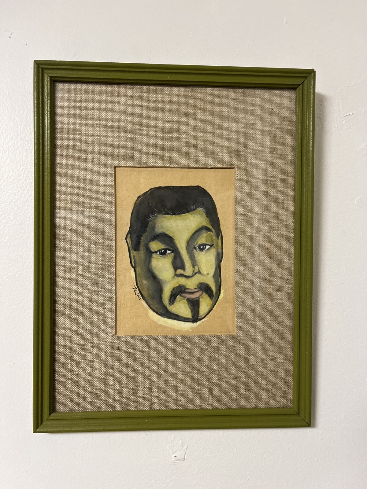 Unusual original art 1940s floating green head with bright green frame