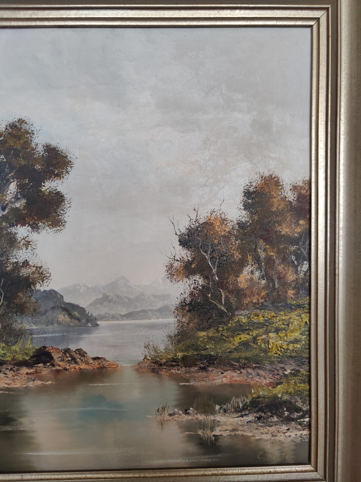 C. Hunter – lake with mountain panorama 47×58 cm oil painting 1841-1904 Scotland