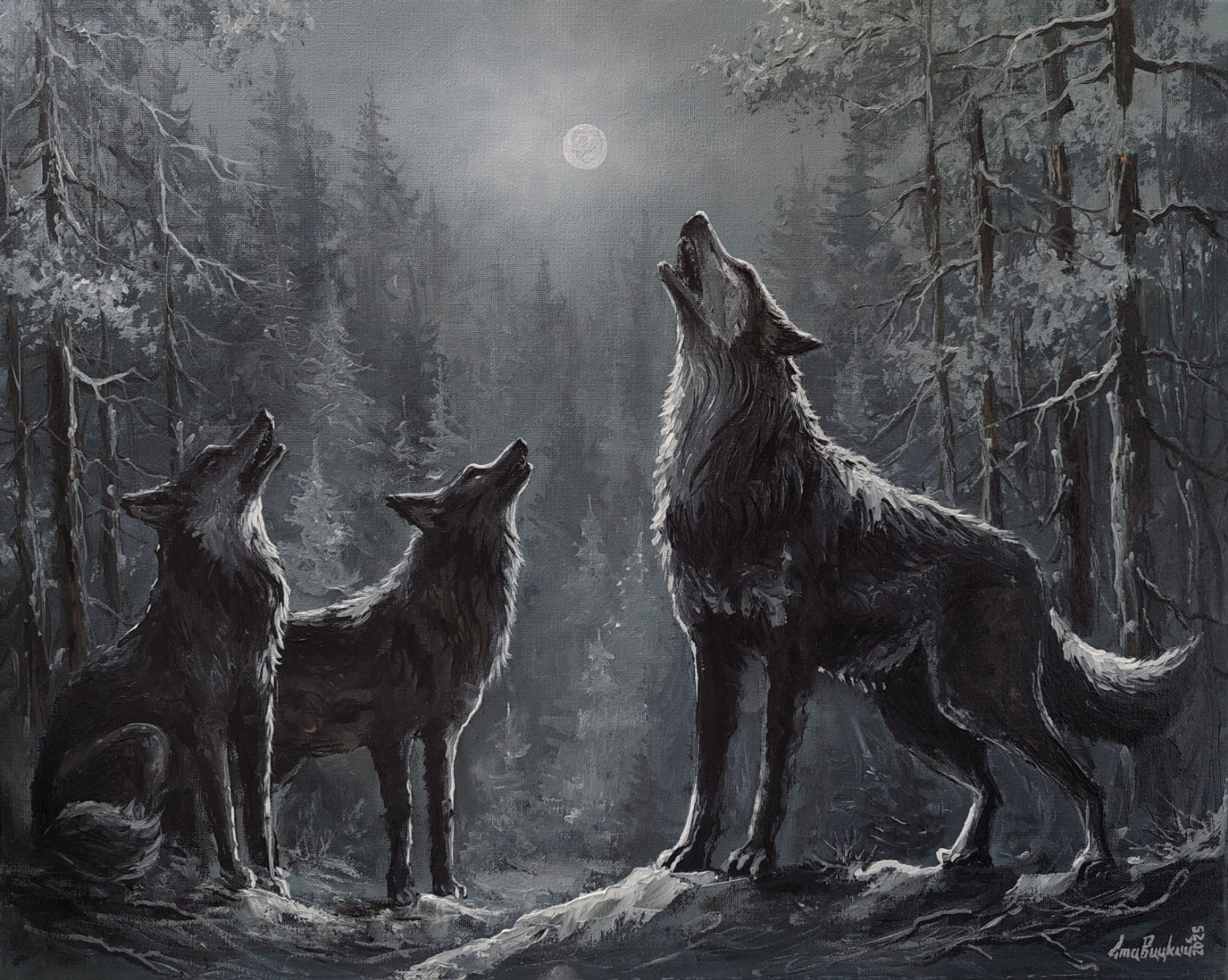 Wolves in a snowy forest howling original oil painting. Howling wolf on the moon