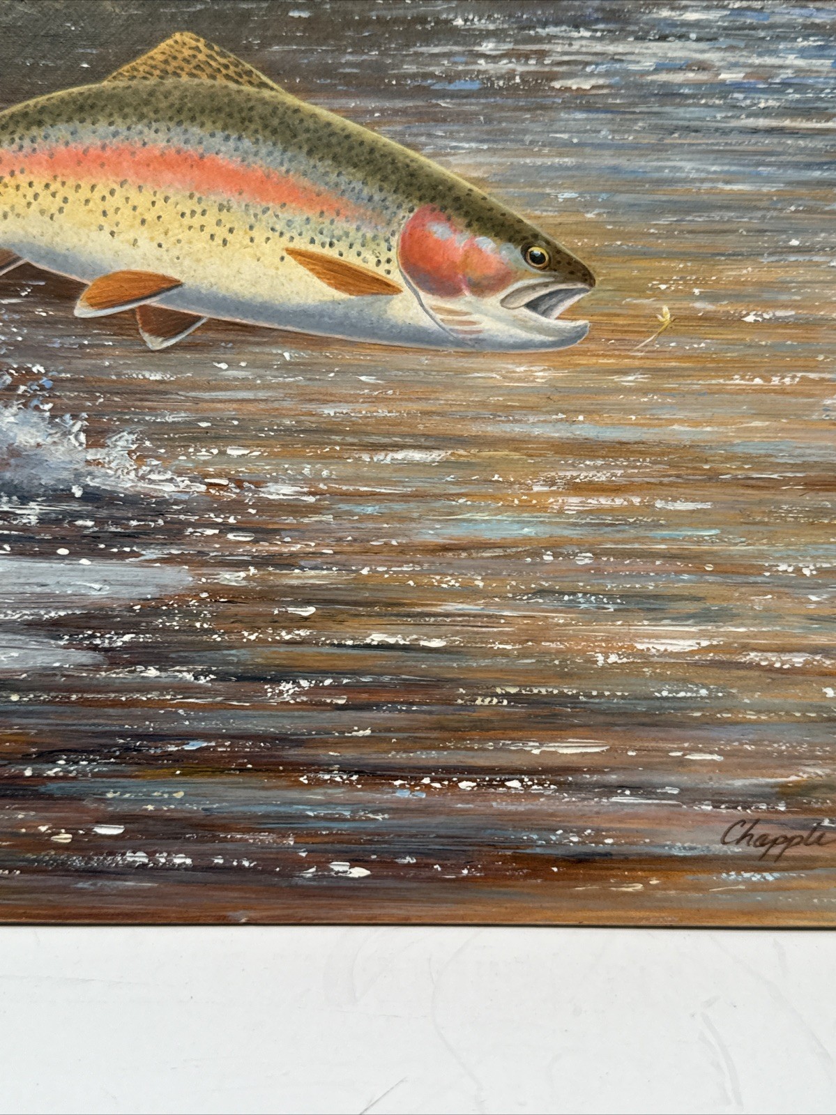 Fish Painting Fishing Jumping Fly Lure River Stream David Chapple Listed Famous