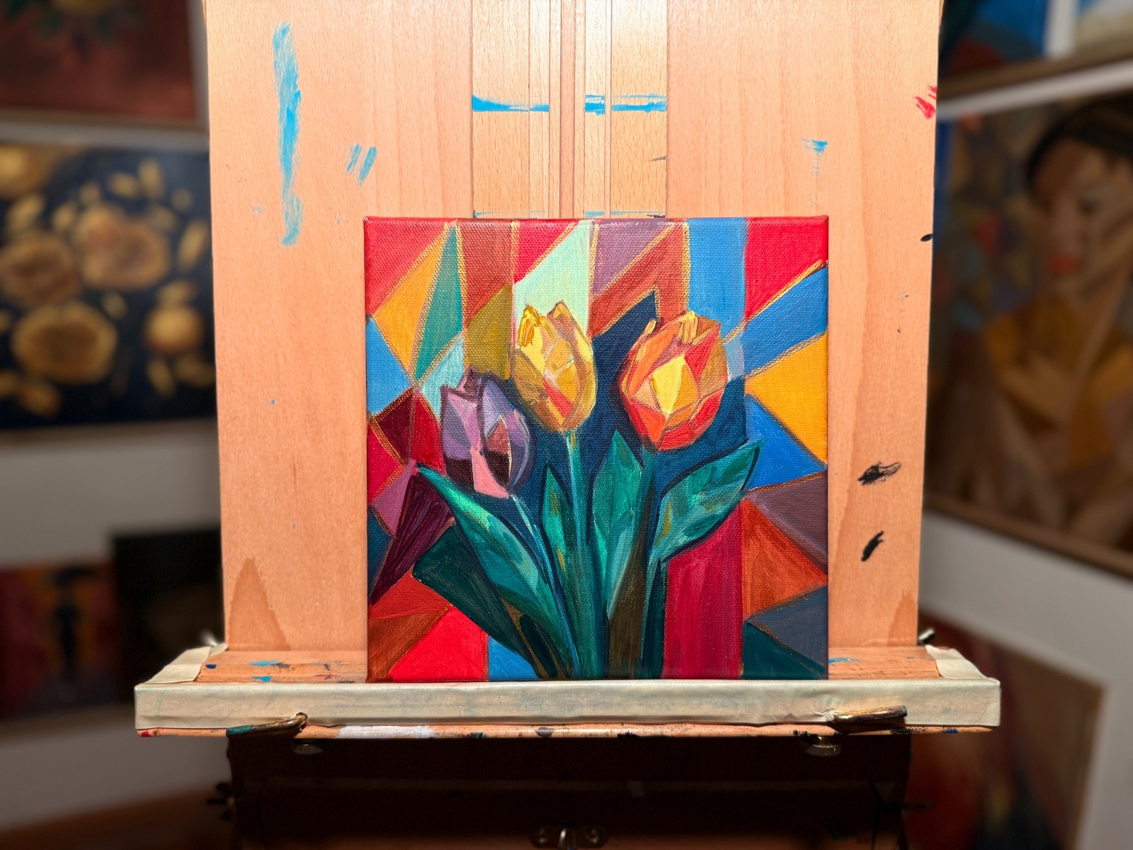 Cubist Tulips Painting – Original 8×8 Oil on Canvas, Colorful Geometric Floral