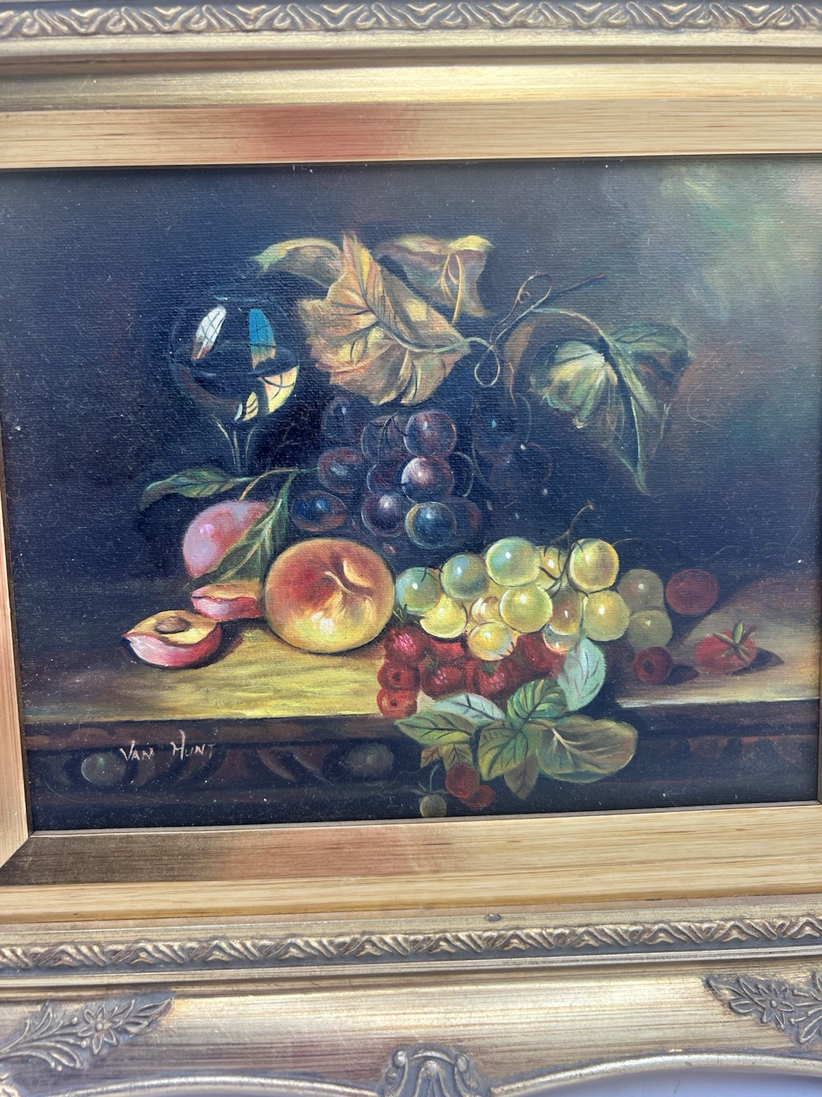 Vintage Signed Van Hunt Still Life Oil Painting Fruit Grapes Wine Glass Framed