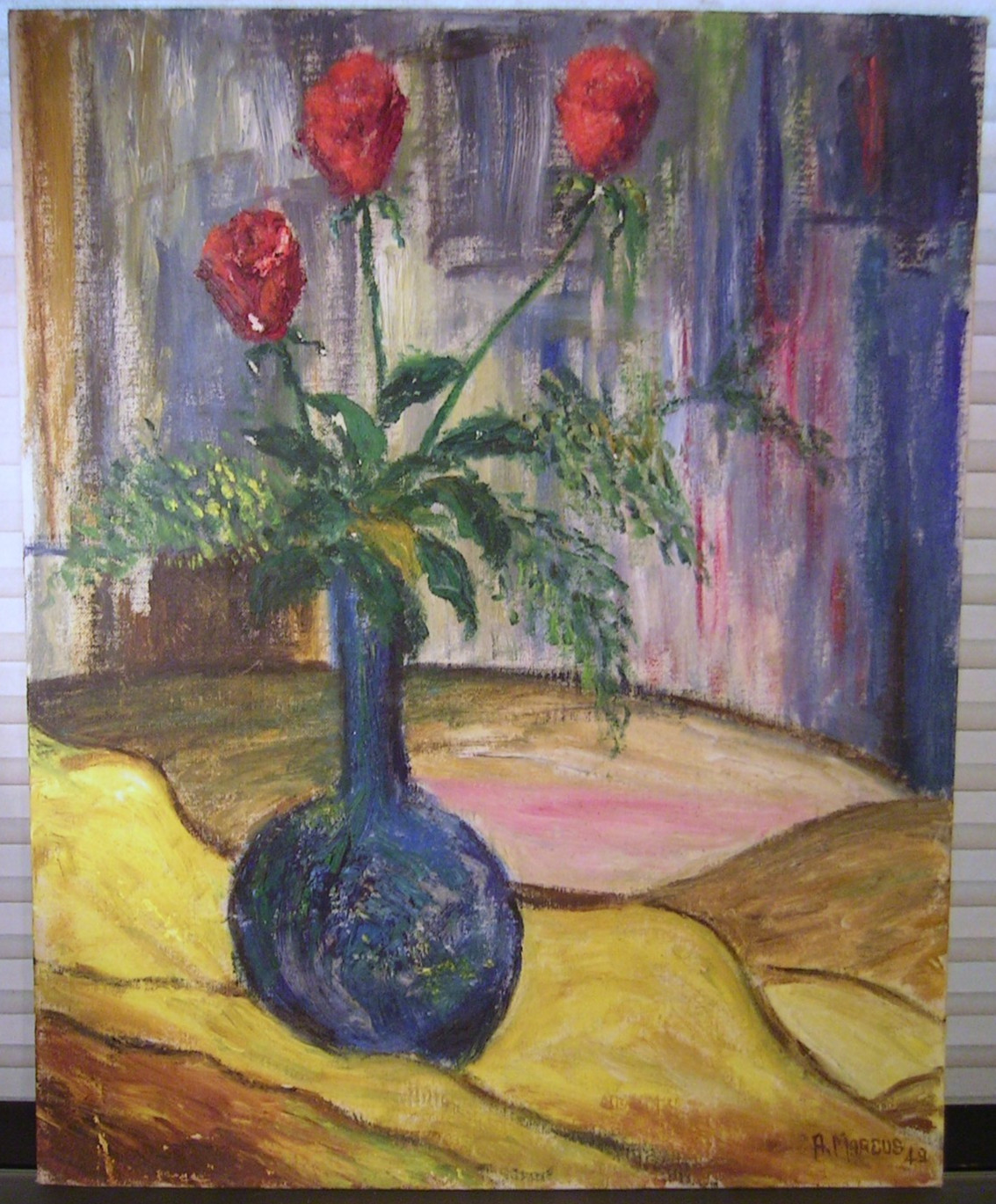Mid Century Floral Still Life Impasto Oil Painting Signed 1949
