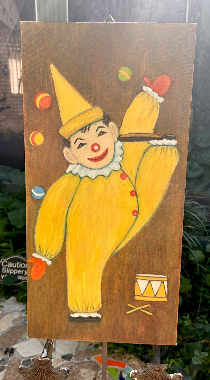 MCM Happy Clown Art Oil On Canvas Board 1970s Clown Circus Themed Rm Geometric