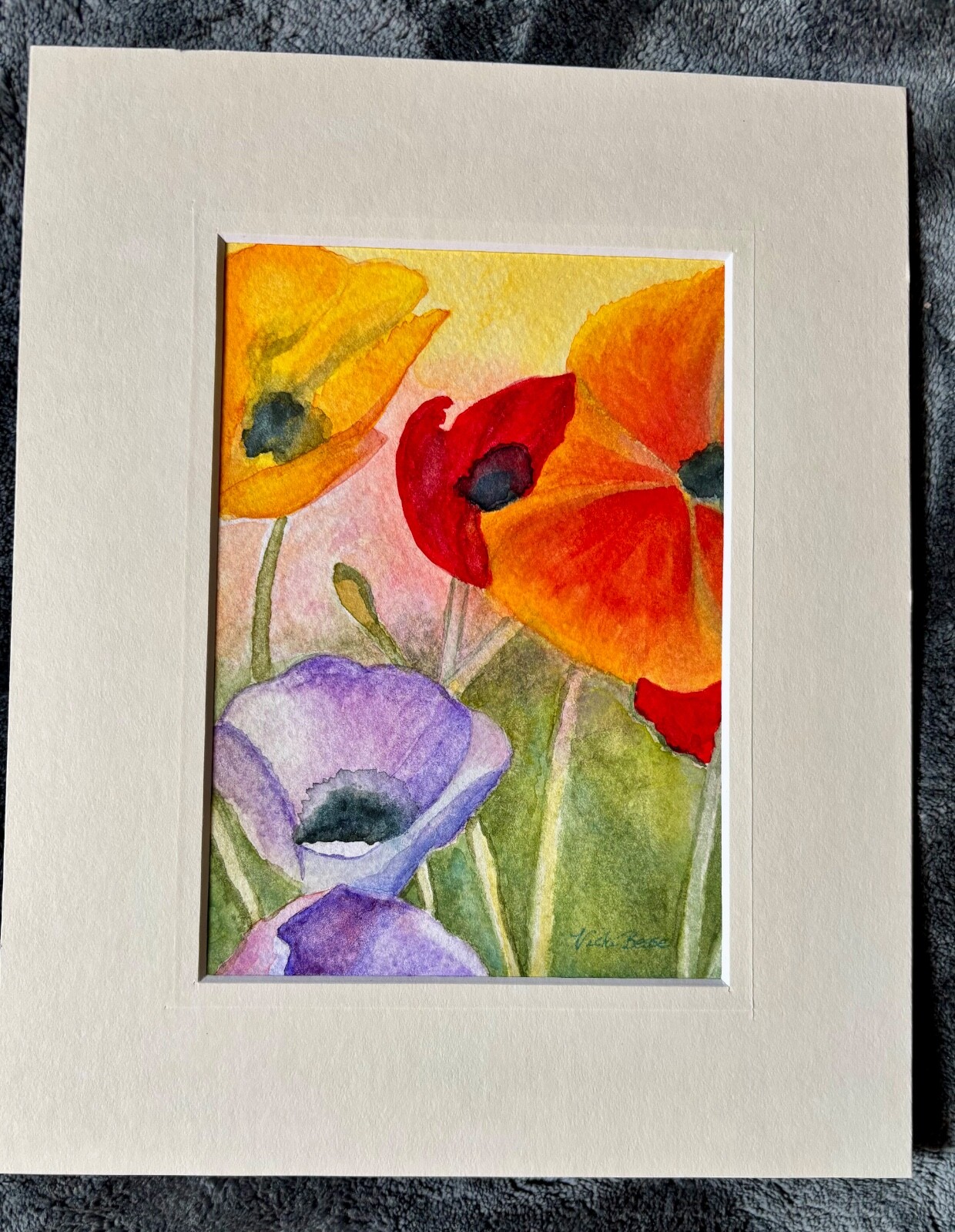 WATER COLOR PAINTING BY VICKI BESSE 8×10″ MATTED. POPPY & IRIS. Signed by artist