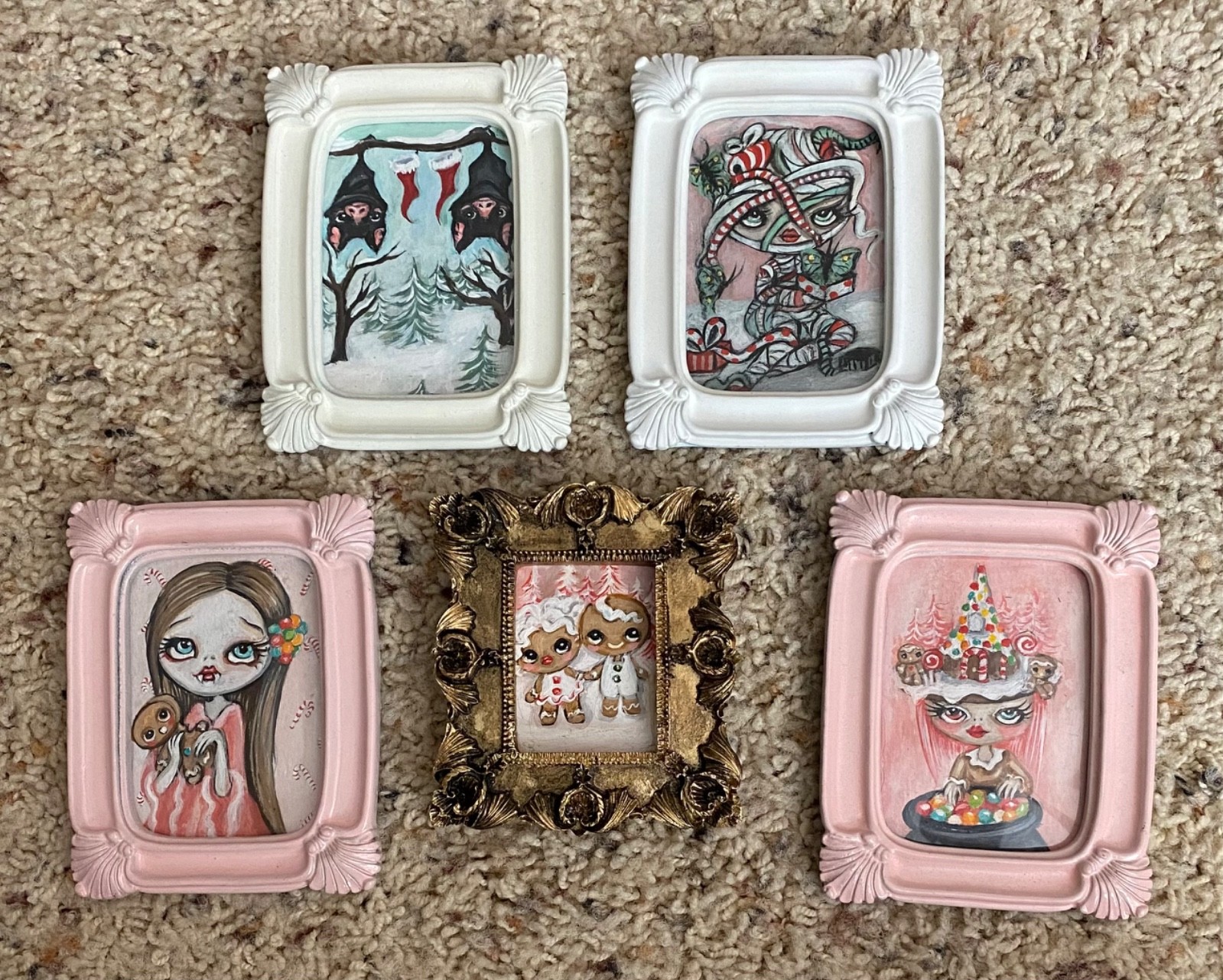 Mini Spooky Christmas Original Art Set of 5 – Creepmas Bat, Witch, Vampire Girl