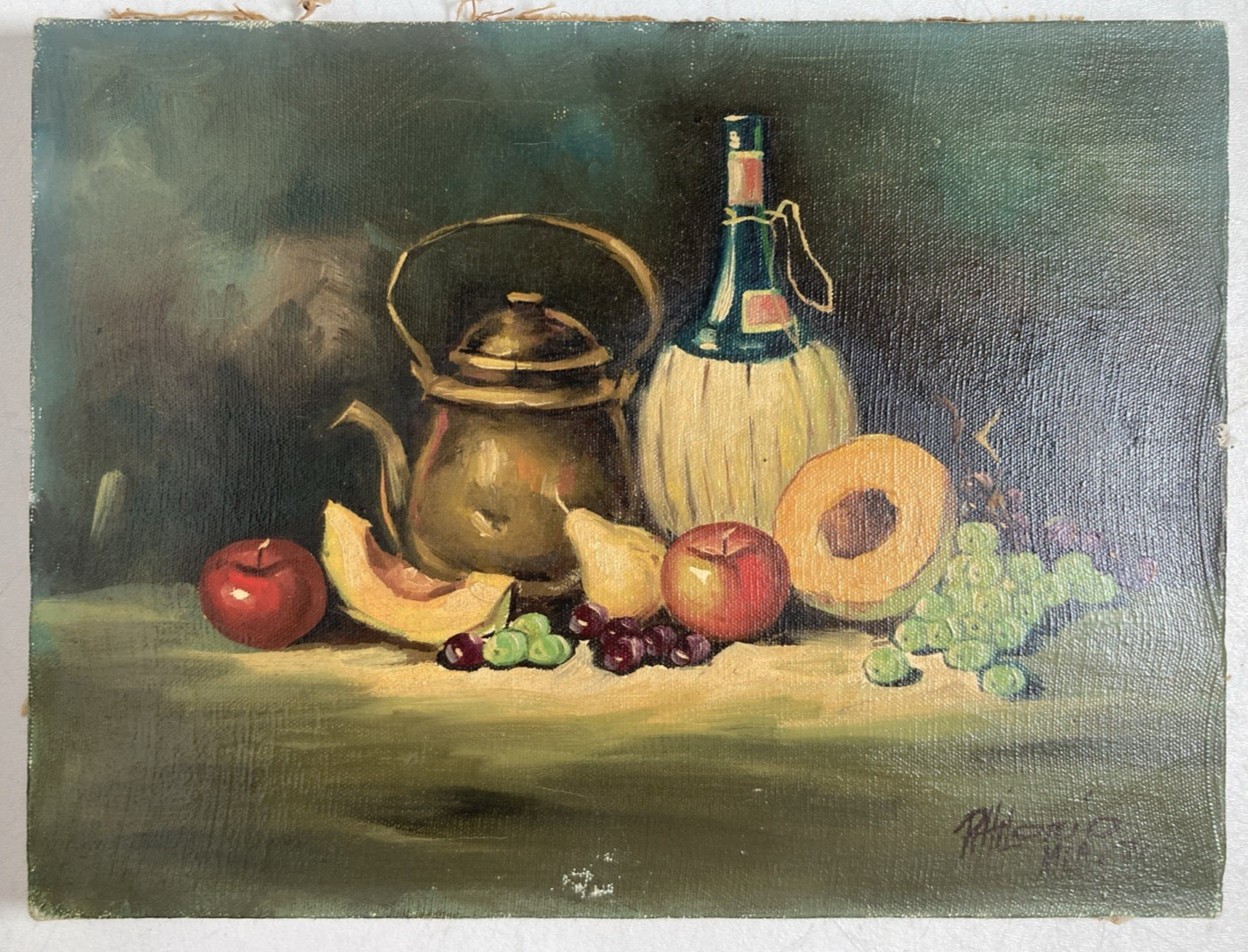 Vintage Original Oil Painting Still Life Fruit Wine Kettle Signed 1971 9 X 12″