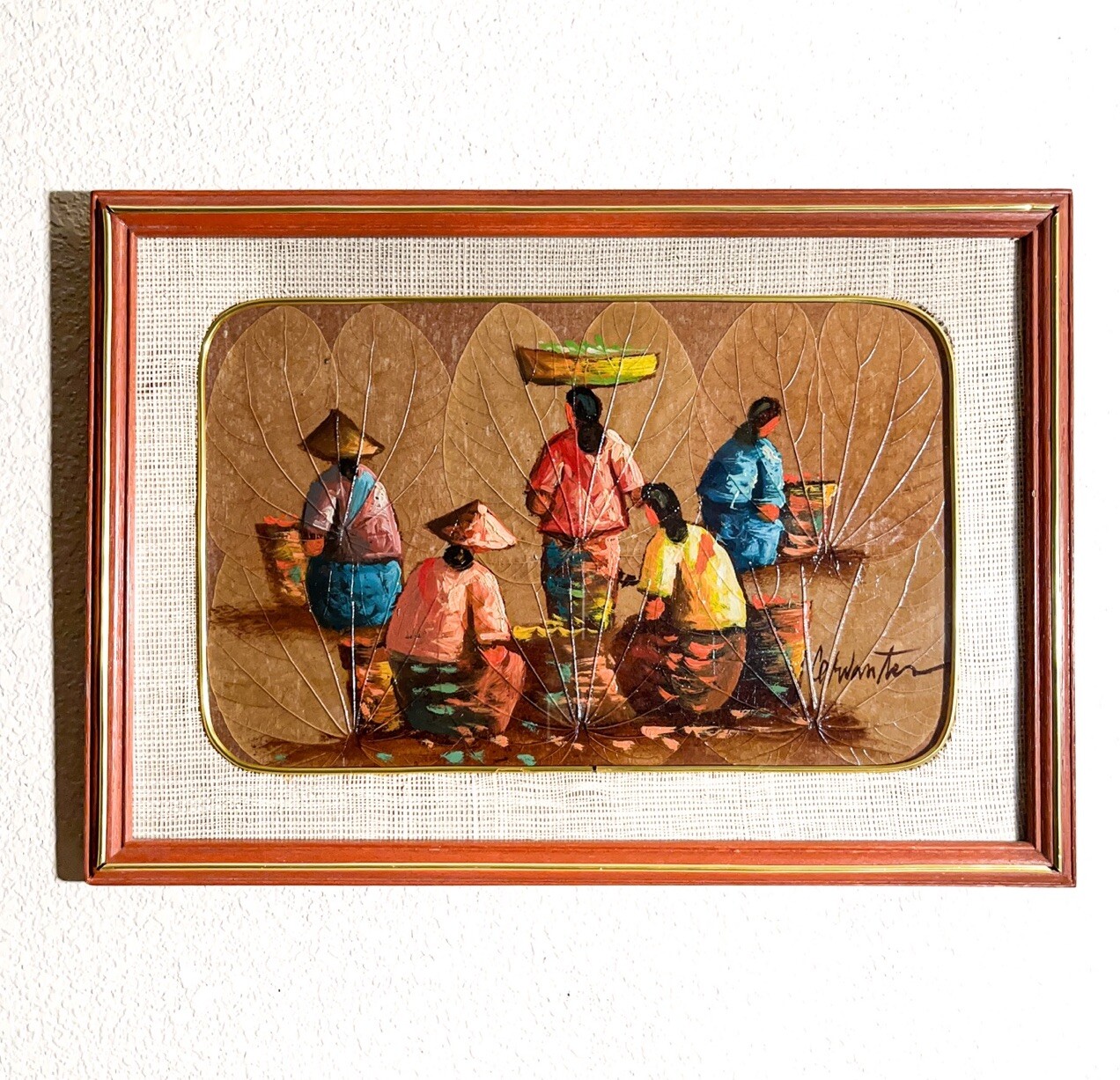 Original Artist-Signed Leaf Painting of Ladies Working Field Scene (17.5×12.5)