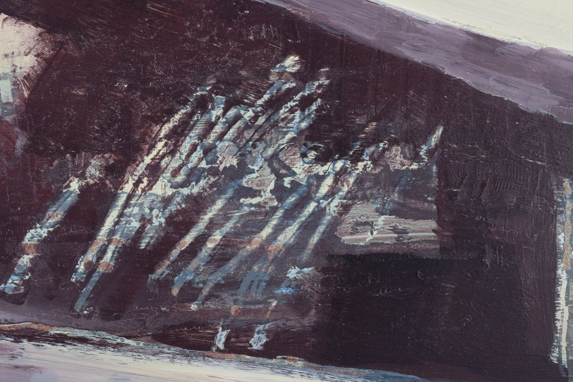 Morgan Johansson, listed Swedish artist. Oil on board. Buildings roofs