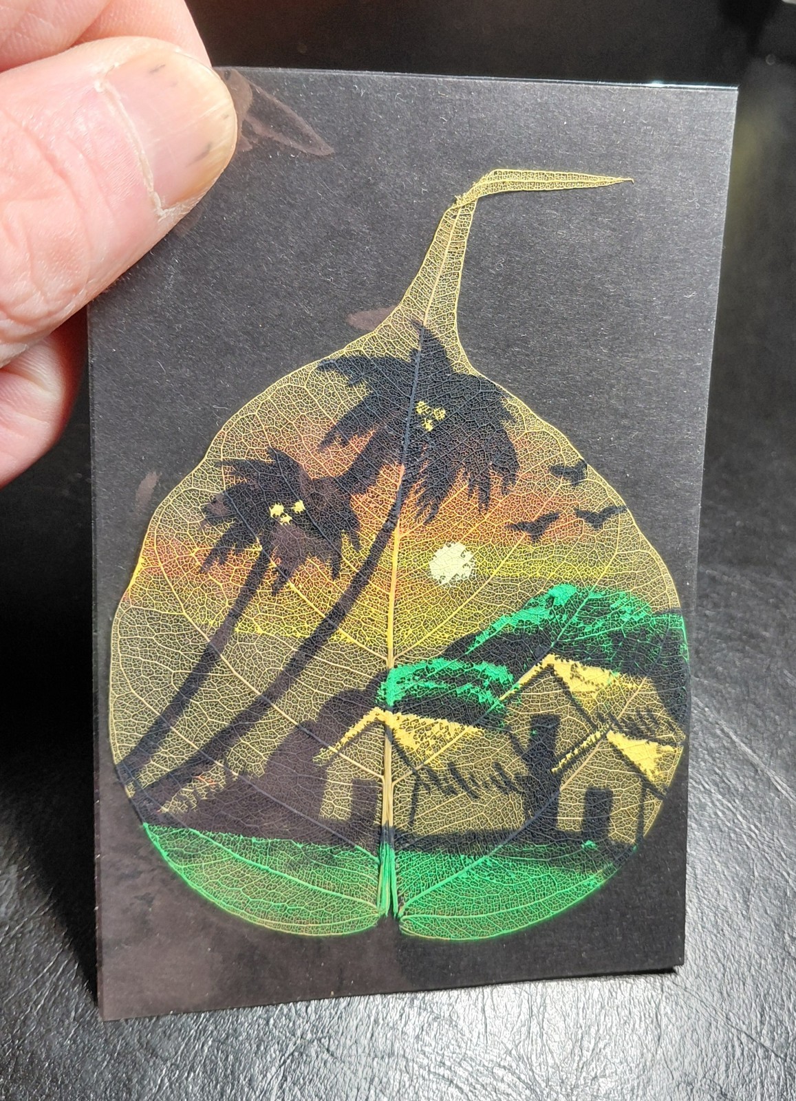 ⭐️GORGEOUS Hand Painted Huts & Palm Trees In Sunrise on Smaller Peepal Leaf⭐️