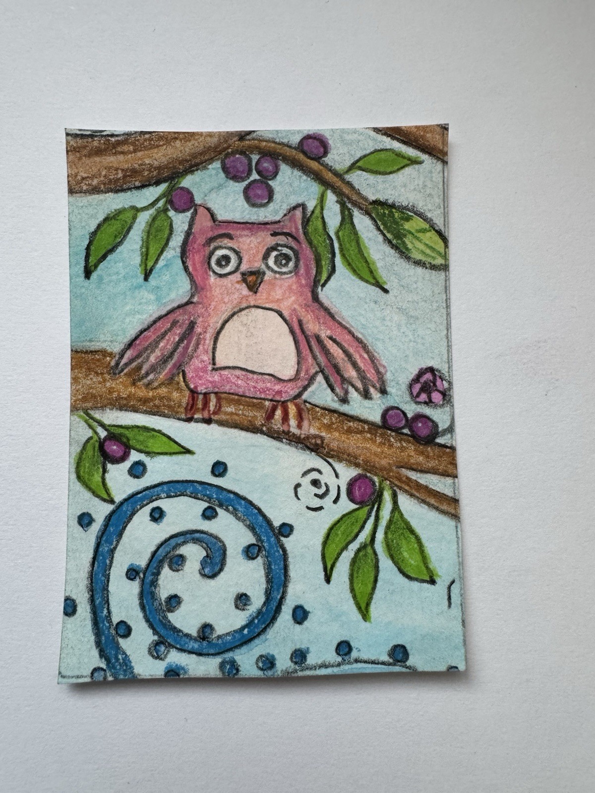 Aceo Original Art Trading Card, Pink Owl In A Tree , Art By Sommer Rayn