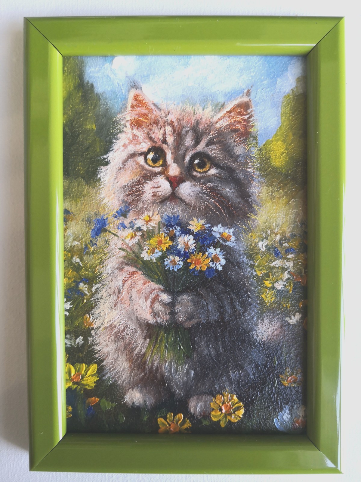 Original Oil Painting 6×4 In Framed Cute Cat Flowers Gift