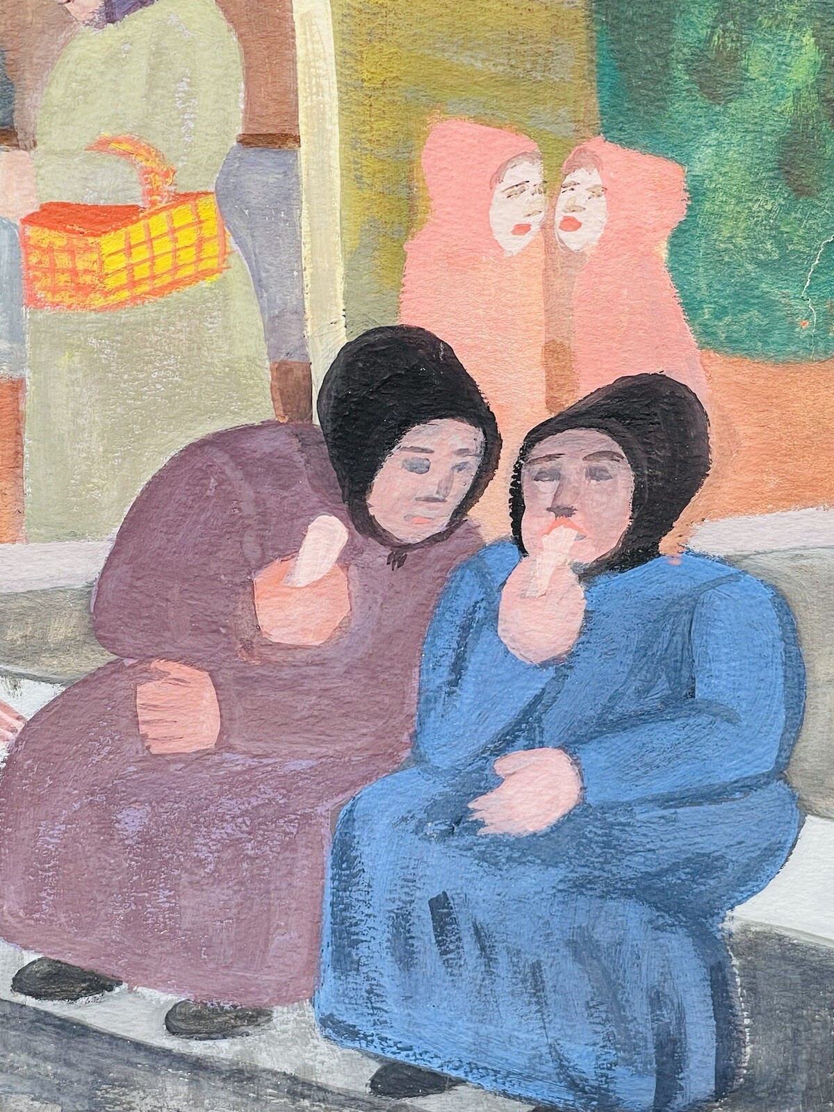 New York. Maine. Modernist Artist Jo Levy Painting. Amish Market Scene Signed JL