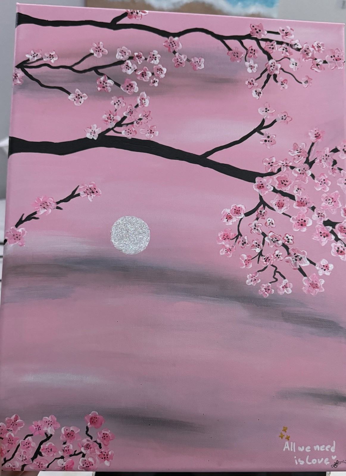 Cherry Blossom Moon Original Acrylic Painting ‘All We Need Is Love’ Canvas Art