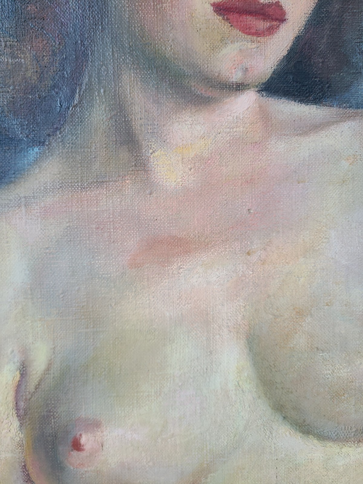 Moody Vintage 1950’s Oil Painting Nude Portrait of a Bettie Page Esque Woman