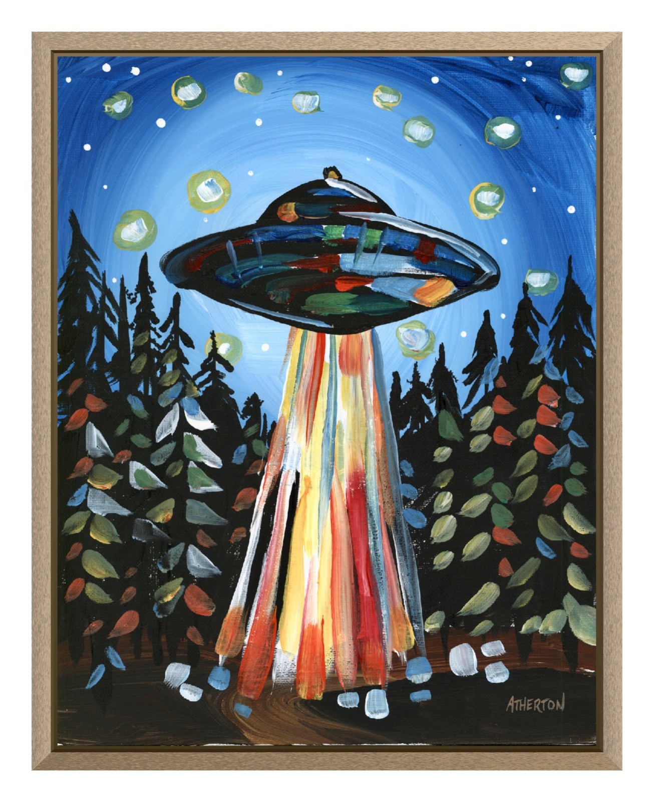Atherton 11×14 Original Alien Abduction Acrylic Painting «UFO Woods» hand signed
