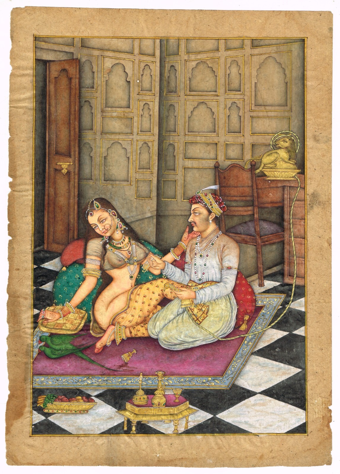 Indian Love Scene Painting Of A Mughal King And Queen On Carpet 7.5×10.5 Inches