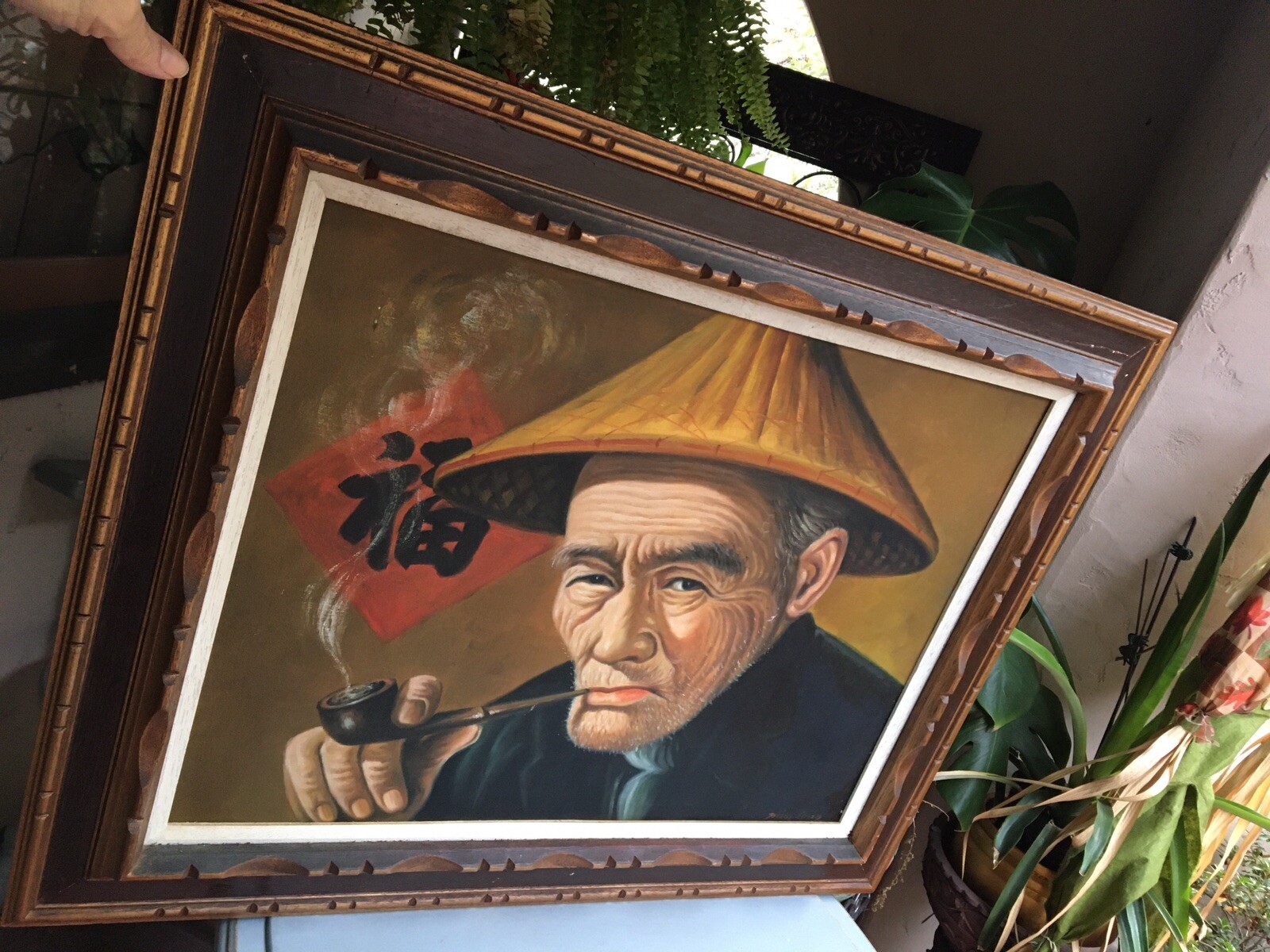 Chinese Portrait OIL Painting Elder Asian Male Man Smoking Pipe Frame Signed VTG