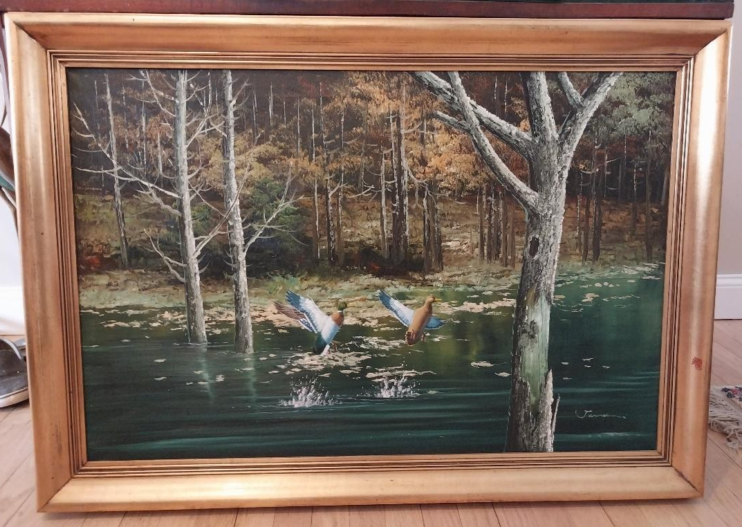 Oil painting on canvas of Ducks in forest, 41″ x 30″ in frame