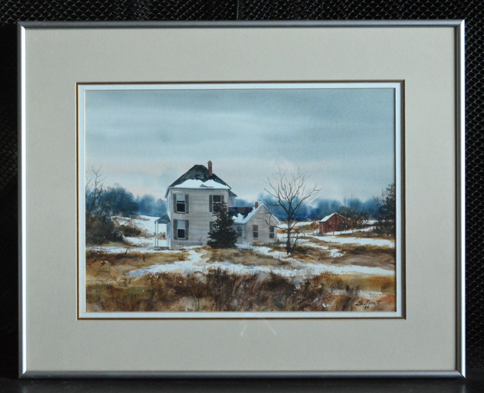 Les Barnett – Watercolor Painting – Old Montana Farm House in Snow – Framed