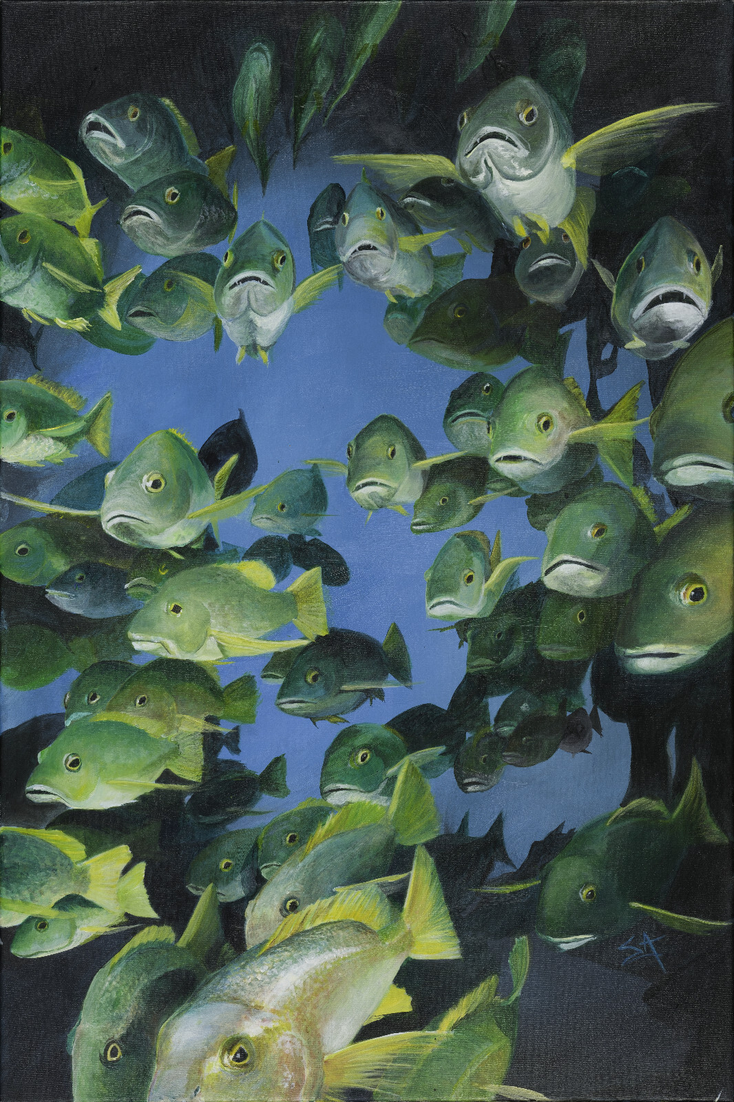 Original acrylic painting Yellow Tailed Snapper in Cave, Fine Art 24×36