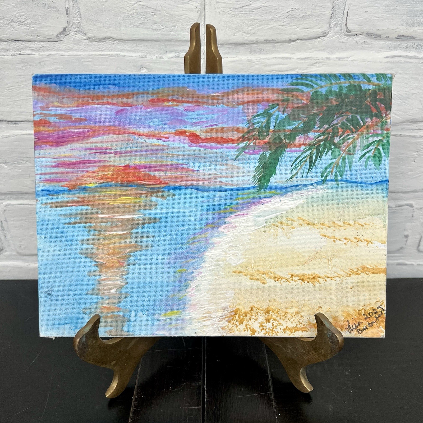 Original Signed Tropical Beach Sunset Painting Palm Tree Coastal Art Gold Frame