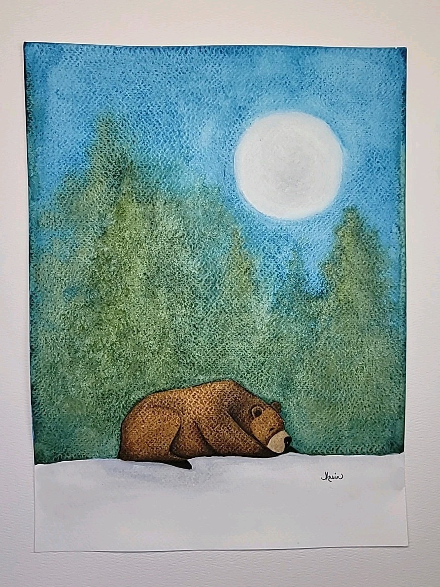 Original Watercolor Bear Under Moonlight 9×12 Wildlife Art Painting
