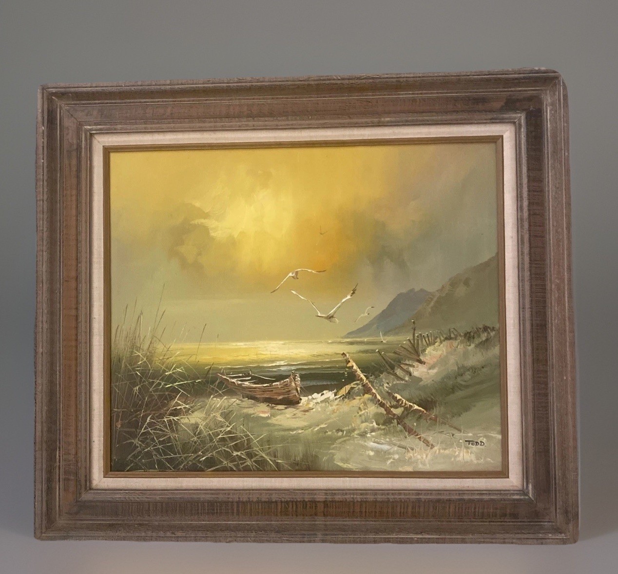 1970’s Oil Painting Seascape Beach Boat Nautical Seagulls Shore 31” X 27” Large