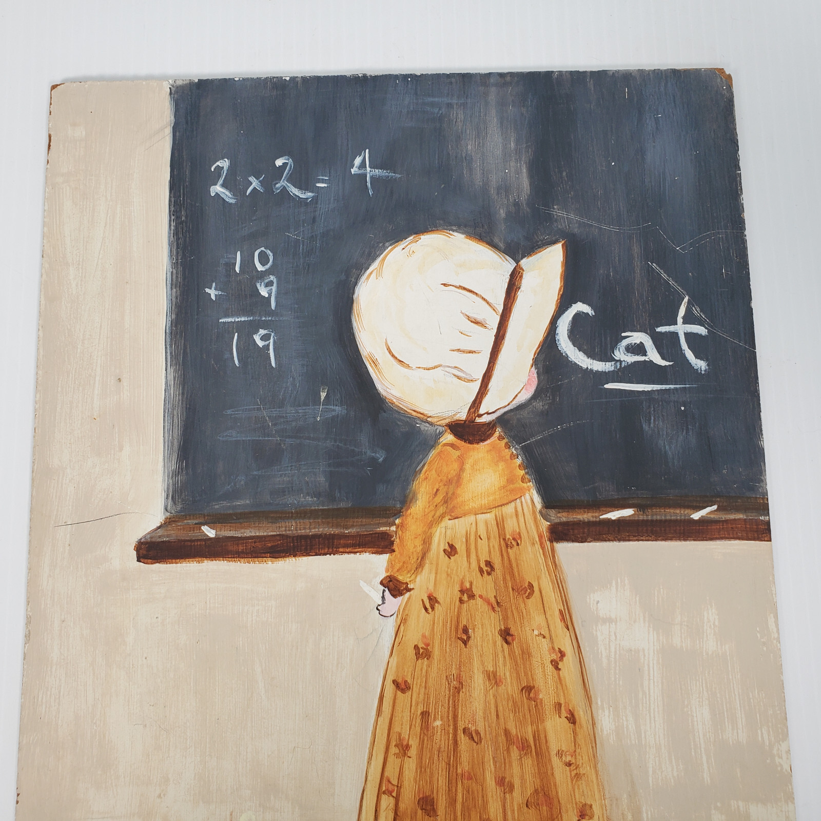 Primitive School House Girl Spelling Cat Chalkboard Math 18×12 Acrylic? Painting