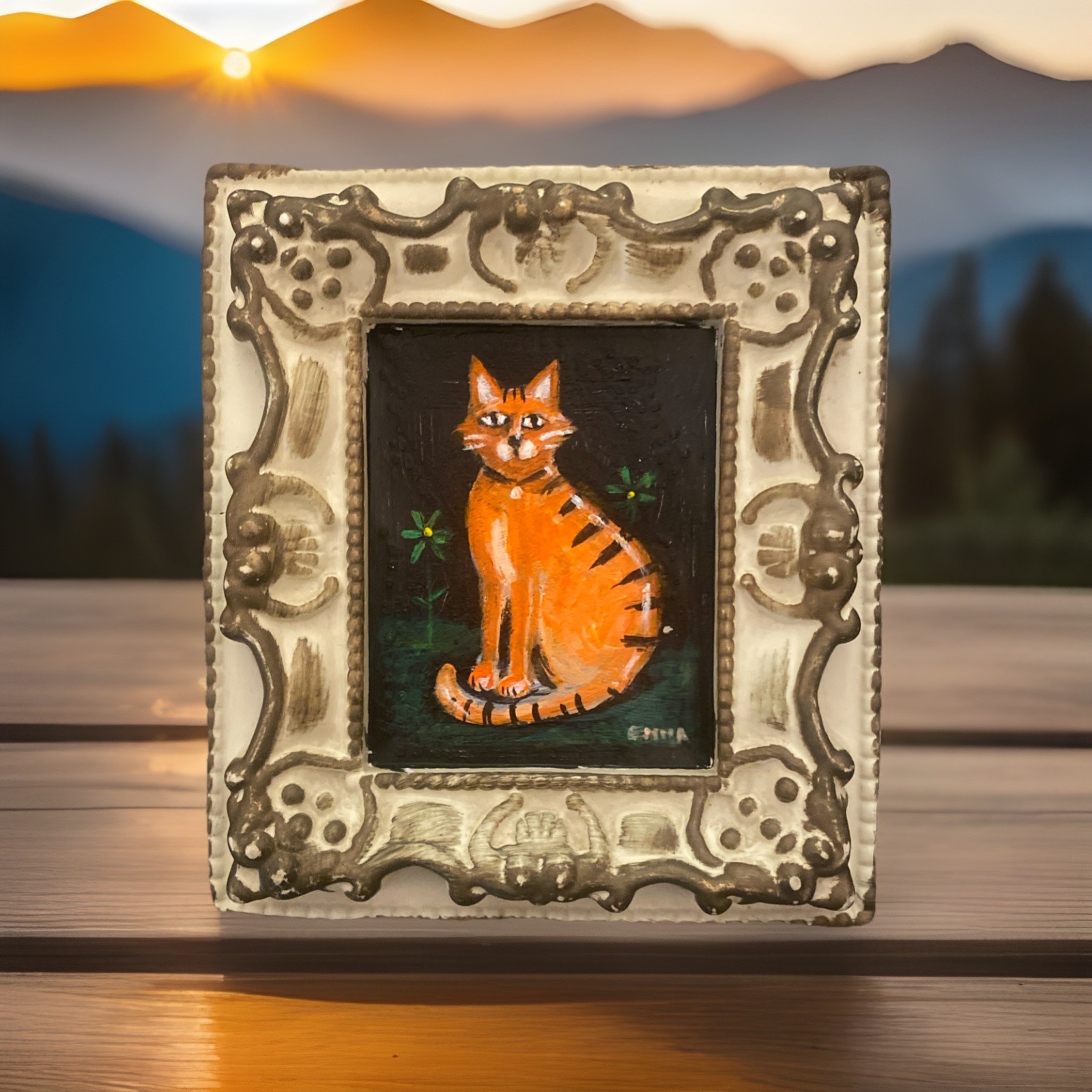 Vintage Small Orange Cat Painting Ginger Kitten 6” X 6” Original Free Ship!