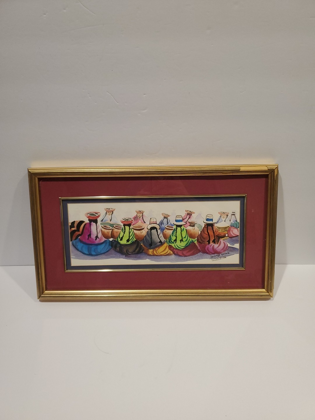 Peruvian Watercolor Painting – Leonardo Yepez – Cusco Folk Art – Frame Damged