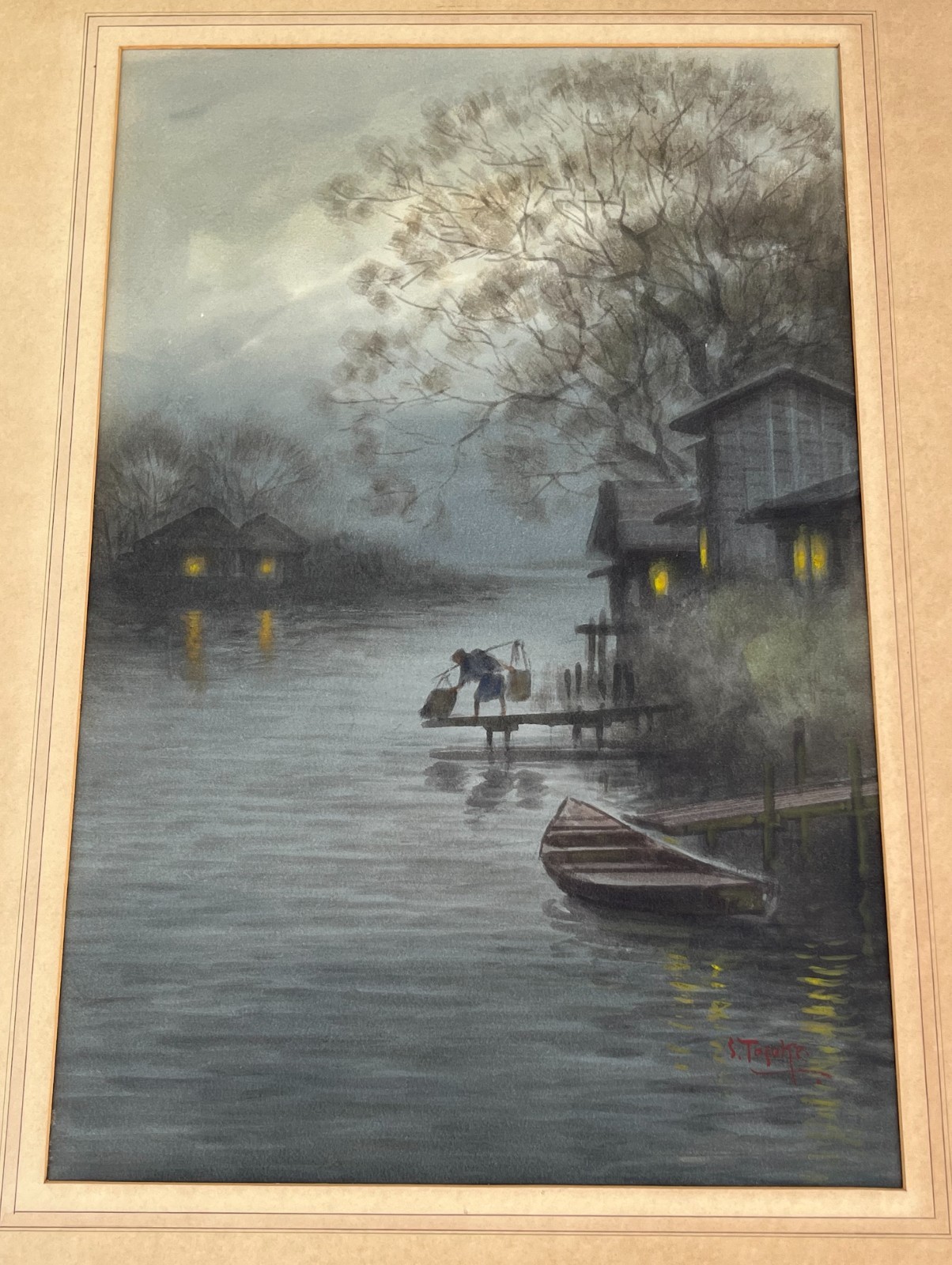 S. Tosuke » Moonlit Landscape» Original Watercolor Painting on Cardboard. 1930s